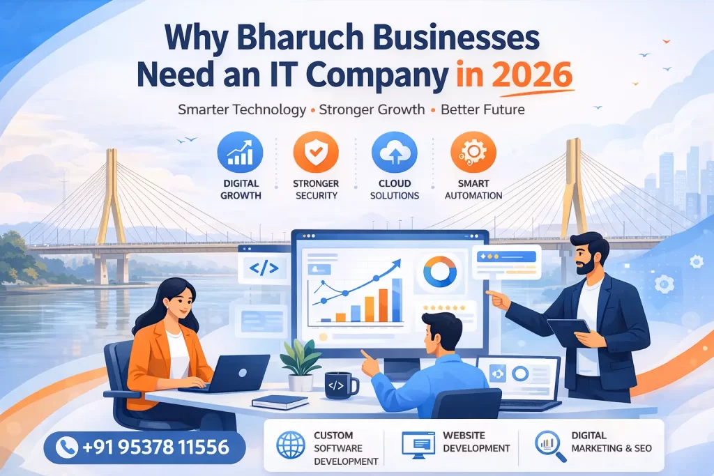 Why Bharuch businesses need an IT company in 2026 – modern office illustration showing SEO, digital growth, and IT services helping local business growth